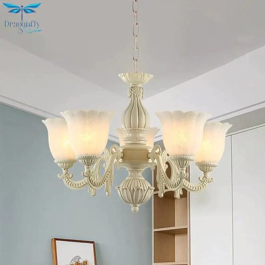 Milk Glass Blossom Chandelier Traditional 3/5/8 Heads Dining Room Hanging Pendant Light In Beige