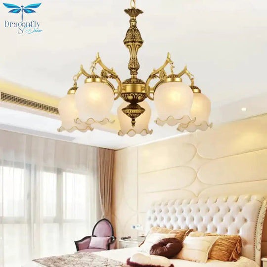 Milky Glass Bronze Suspension Light Semi - Bloom Flower 5 - Light Traditional Chandelier