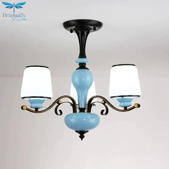 Milky Glass Empire Shade Suspension Pendant Light Countryside Style 3/6/8 - Head Living Room
