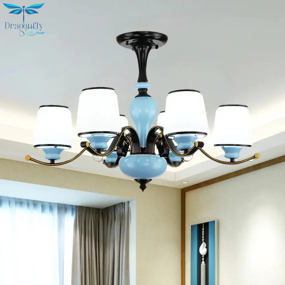 Milky Glass Empire Shade Suspension Pendant Light Countryside Style 3/6/8 - Head Living Room