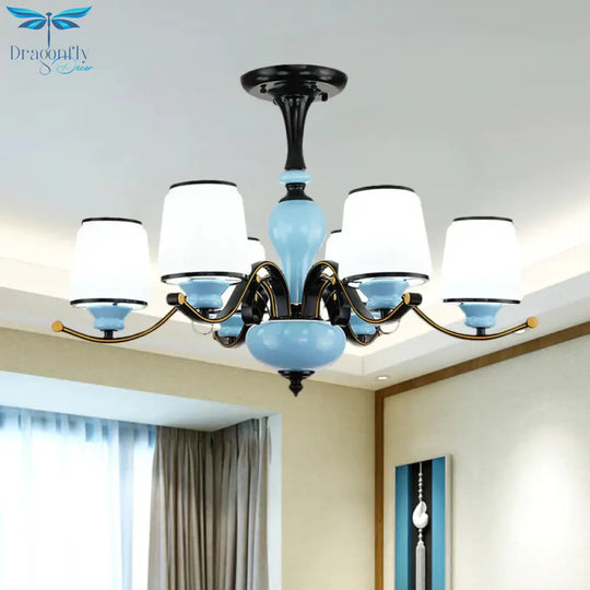 Milky Glass Empire Shade Suspension Pendant Light Countryside Style 3/6/8 - Head Living Room