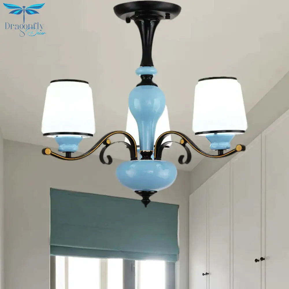 Milky Glass Empire Shade Suspension Pendant Light Countryside Style 3/6/8 - Head Living Room