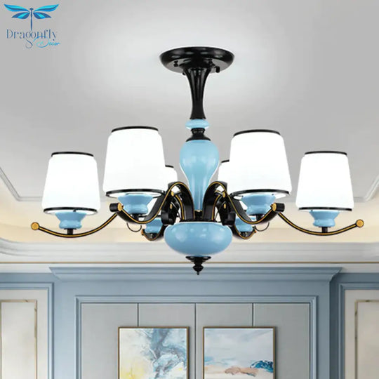 Milky Glass Empire Shade Suspension Pendant Light Countryside Style 3/6/8 - Head Living Room