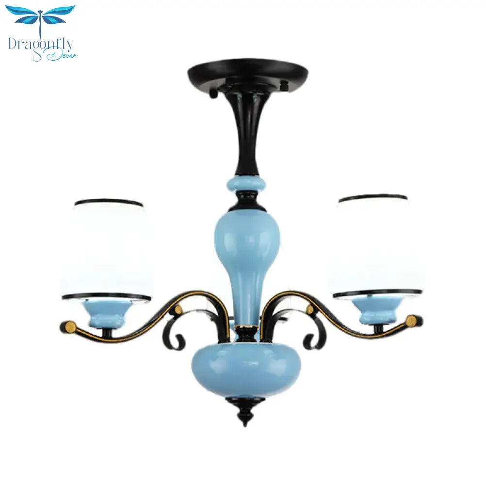 Milky Glass Empire Shade Suspension Pendant Light Countryside Style 3/6/8 - Head Living Room