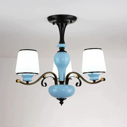 Milky Glass Empire Shade Suspension Pendant Light Countryside Style 3/6/8 - Head Living Room