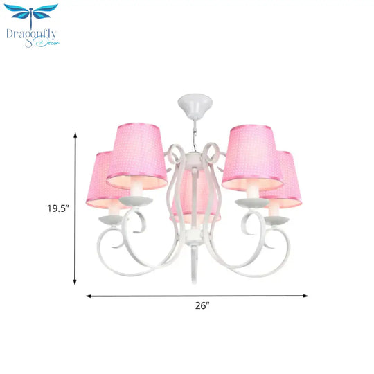 Minimalism Barrel Ceiling Chandelier Fabric 5 Lights Bedroom Hanging Light Fixture In Pink