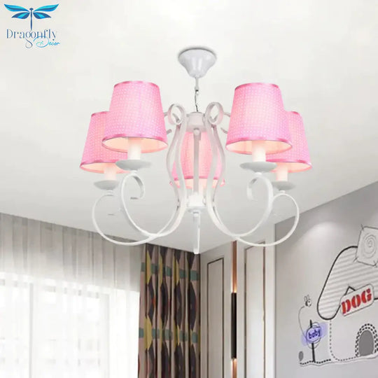 Minimalism Barrel Ceiling Chandelier Fabric 5 Lights Bedroom Hanging Light Fixture In Pink