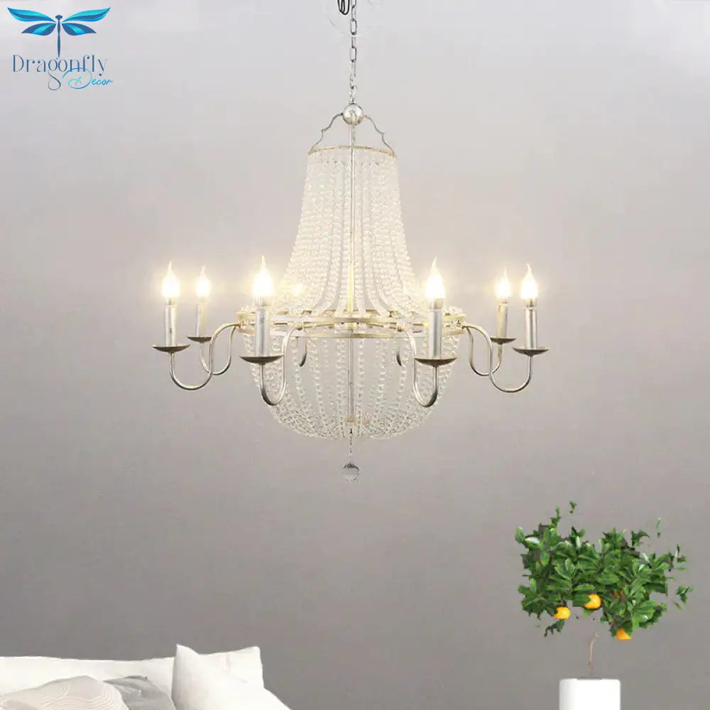 Minimalism Beaded Hanging Chandelier 6 Lights Crystal Pendant Lamp In Silver For Living Room