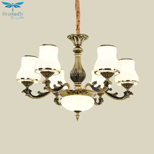 Minimalism Trumpet Pendant Light 3/6 Bulbs Milky Glass Hanging Chandelier With Curvy Arm In Black -