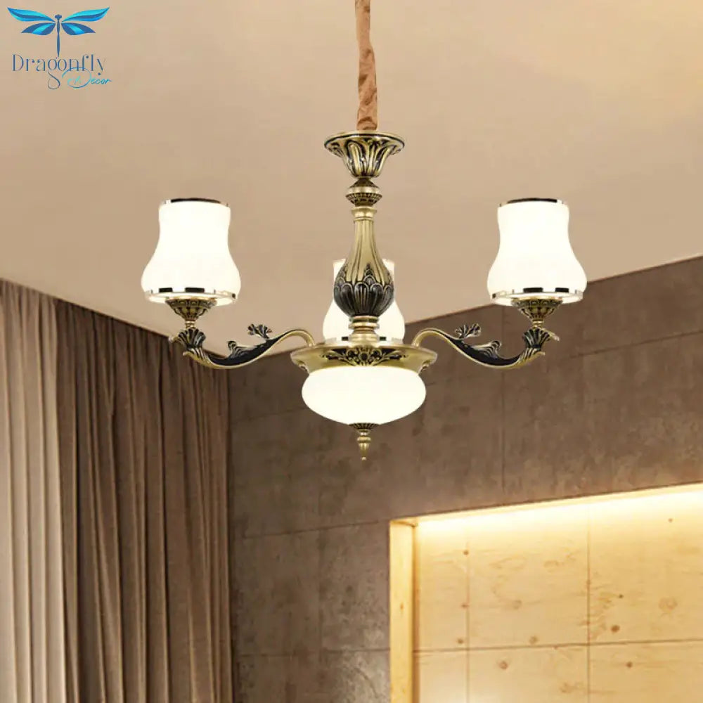 Minimalism Trumpet Pendant Light 3/6 Bulbs Milky Glass Hanging Chandelier With Curvy Arm In Black -