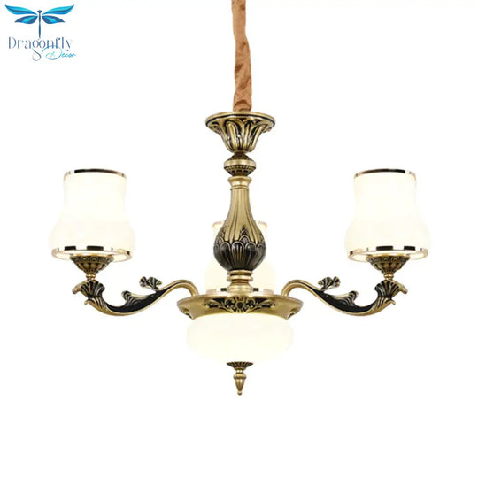 Minimalism Trumpet Pendant Light 3/6 Bulbs Milky Glass Hanging Chandelier With Curvy Arm In Black -