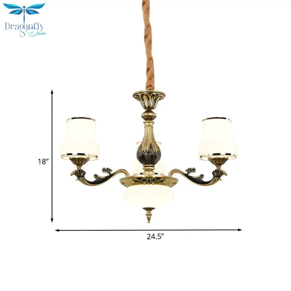 Minimalism Trumpet Pendant Light 3/6 Bulbs Milky Glass Hanging Chandelier With Curvy Arm In Black -