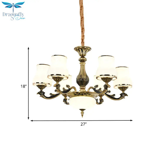 Minimalism Trumpet Pendant Light 3/6 Bulbs Milky Glass Hanging Chandelier With Curvy Arm In Black -