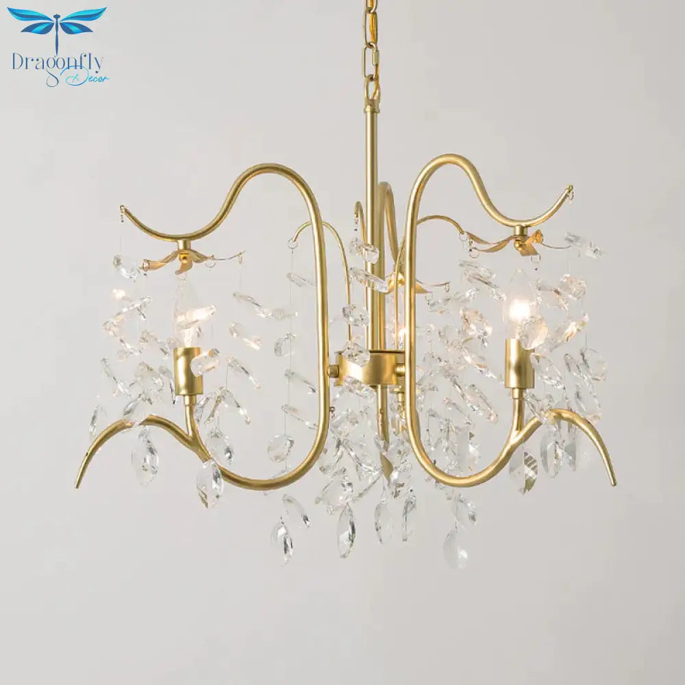 Minimalist 3 - Head Gold Chandelier With Faceted Ball Finials - Elegant Hall Ceiling Suspension Lamp