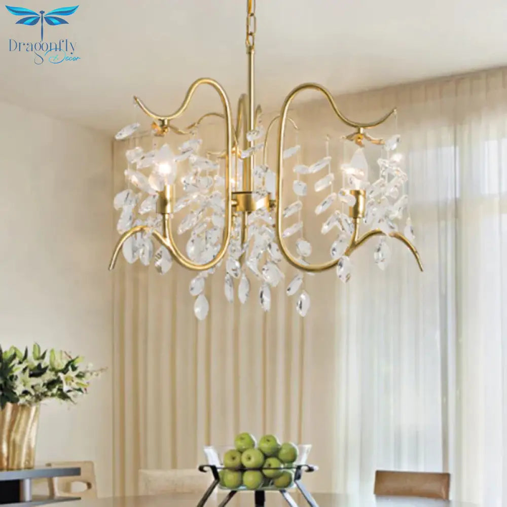 Minimalist 3 - Head Gold Chandelier With Faceted Ball Finials - Elegant Hall Ceiling Suspension Lamp