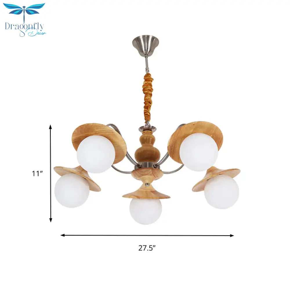 Modern Ball White Glass Chandelier 5 Lights Ceiling Pendant Fixture With Wooden Cap