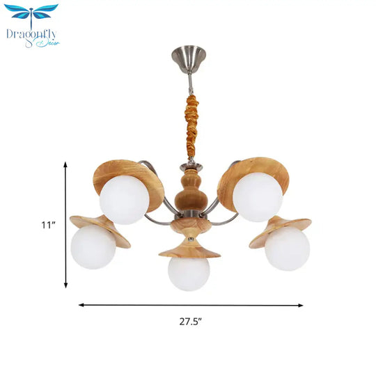 Modern Ball White Glass Chandelier 5 Lights Ceiling Pendant Fixture With Wooden Cap