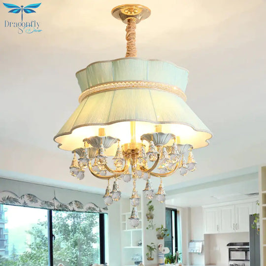 Modern Candelabra Hanging Light Kit 5 Heads Crystal Drop Pendant Chandelier In Blue/Pink With