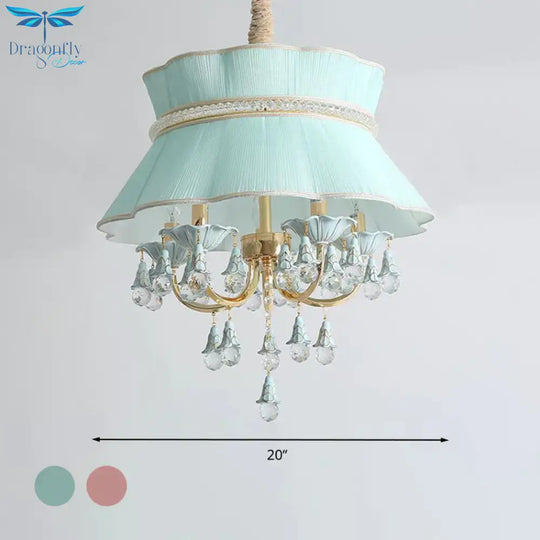 Modern Candelabra Hanging Light Kit 5 Heads Crystal Drop Pendant Chandelier In Blue/Pink With
