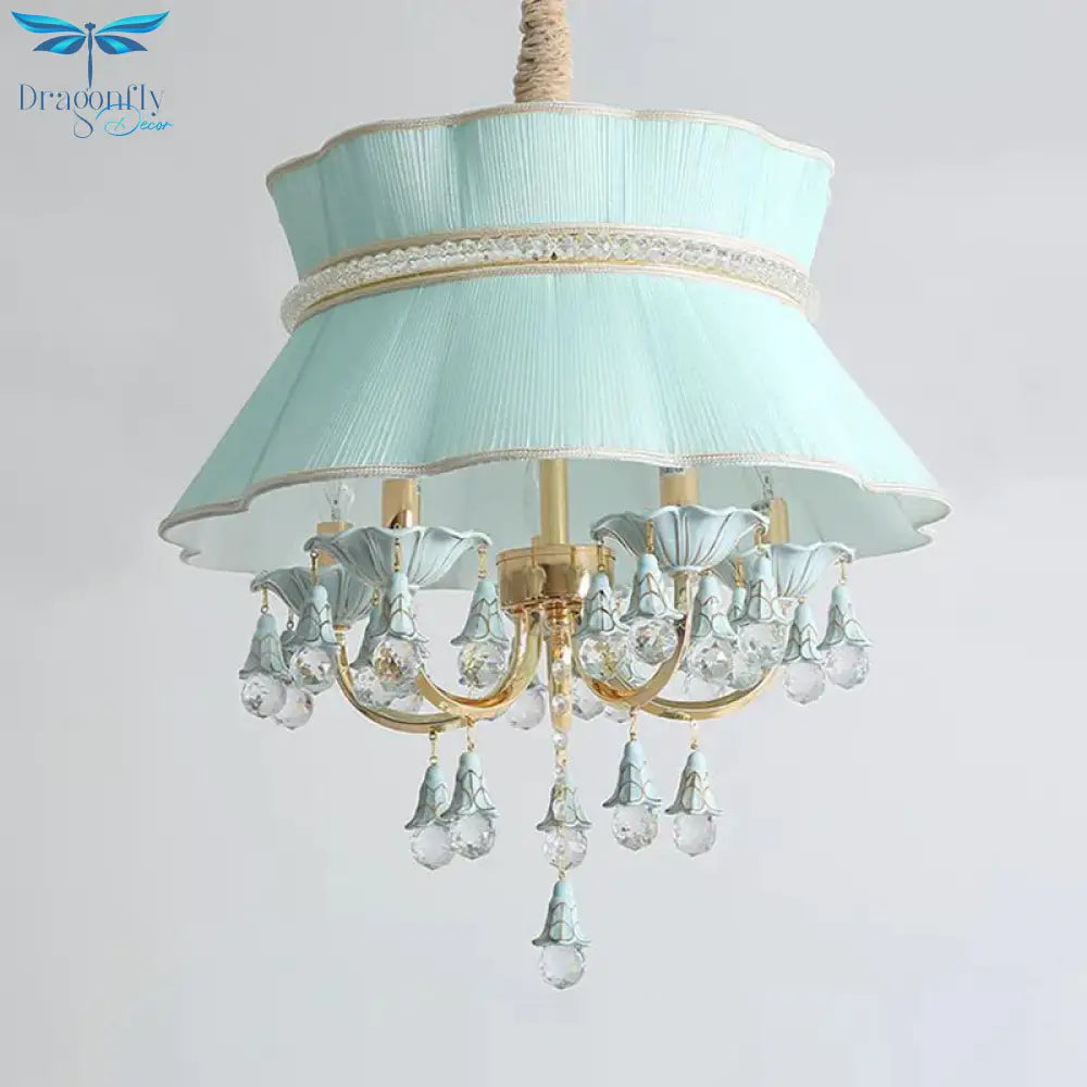 Modern Candelabra Hanging Light Kit 5 Heads Crystal Drop Pendant Chandelier In Blue/Pink With