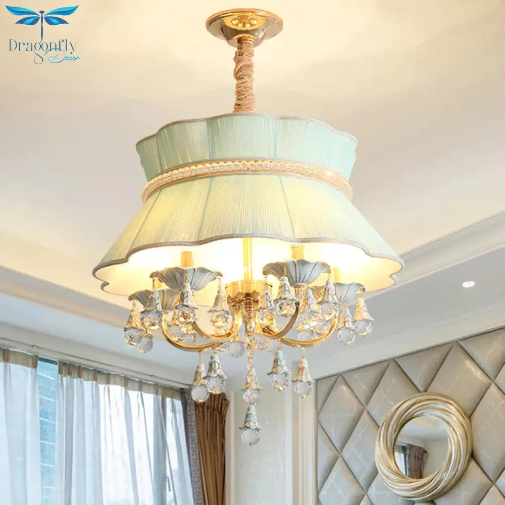 Modern Candelabra Hanging Light Kit 5 Heads Crystal Drop Pendant Chandelier In Blue/Pink With