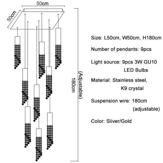 Modern Chrome Crystal Ceiling Chandelier For Dining Room Staircase Long Loft Large Hallway Lobby