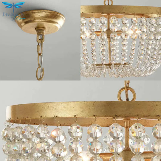 Modern Crystal Brass 3/5 Bulbs Hanging Ceiling Light Chandelier With Wide Dome
