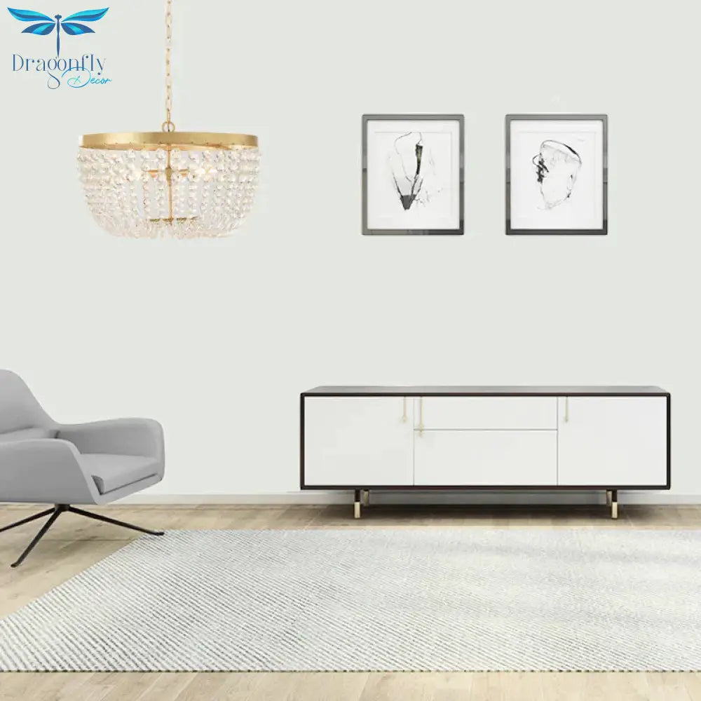 Modern Crystal Brass 3/5 Bulbs Hanging Ceiling Light Chandelier With Wide Dome
