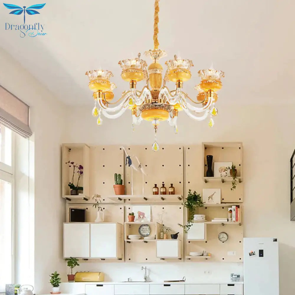 Modern Flower Shaped Chandelier Lighting Fixture Clear Crystal 6/8 Lights Bedroom Drop Pendant