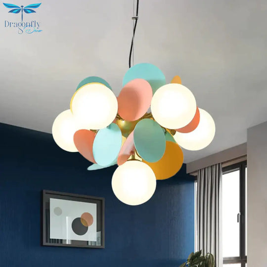 Modern Orb Ceiling Chandelier Cream Glass 6 Heads Bedroom Hanging Light Fixture In Green - Yellow -