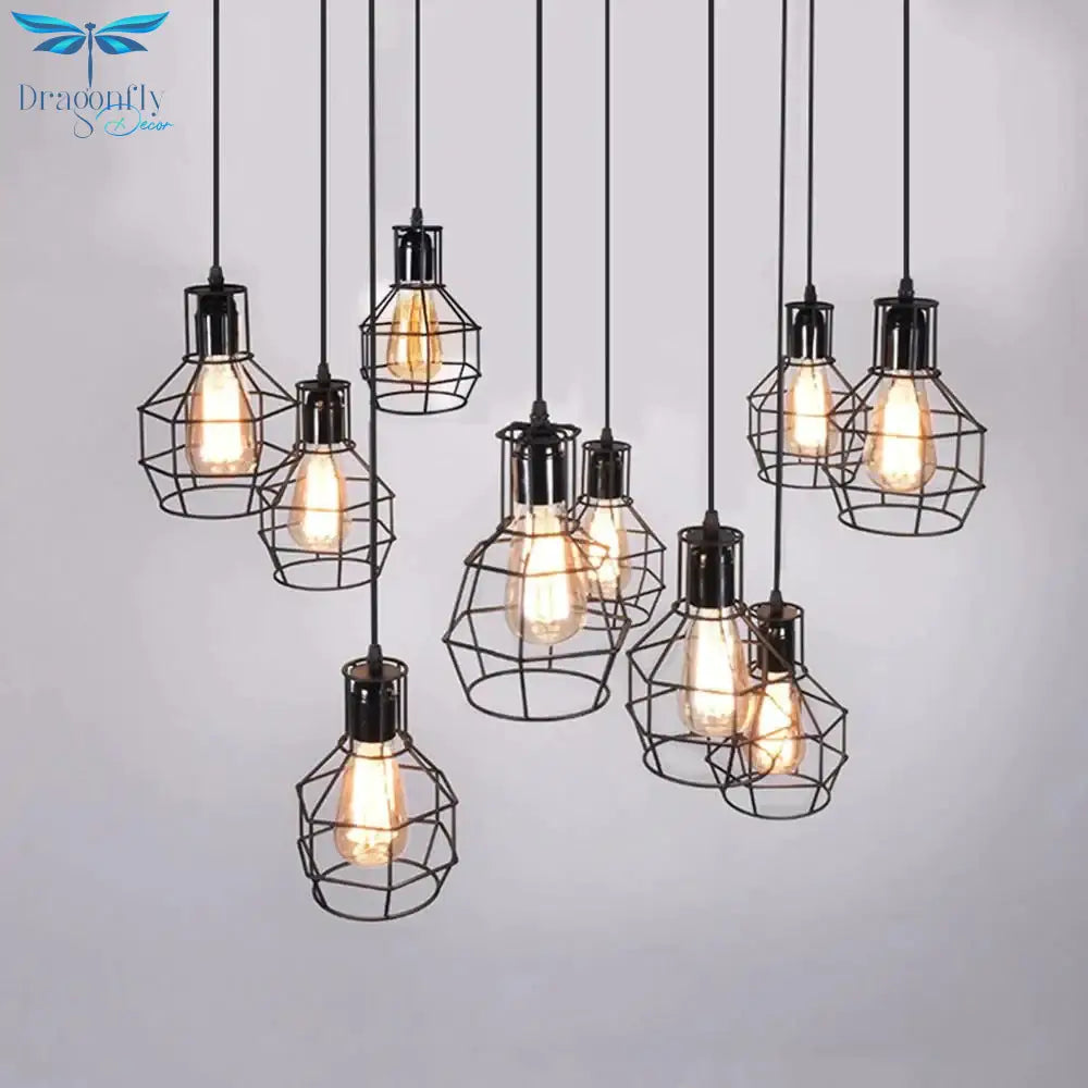Modern Pendant Light Black Iron Hanging Cage Vintage E27Led Lamp Bulb Industrial Loft Retro Dining
