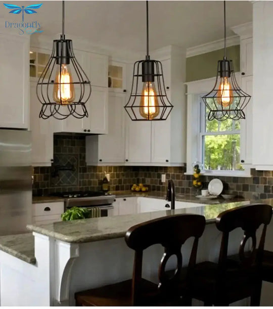 Modern Pendant Light Black Iron Hanging Cage Vintage E27Led Lamp Bulb Industrial Loft Retro Dining