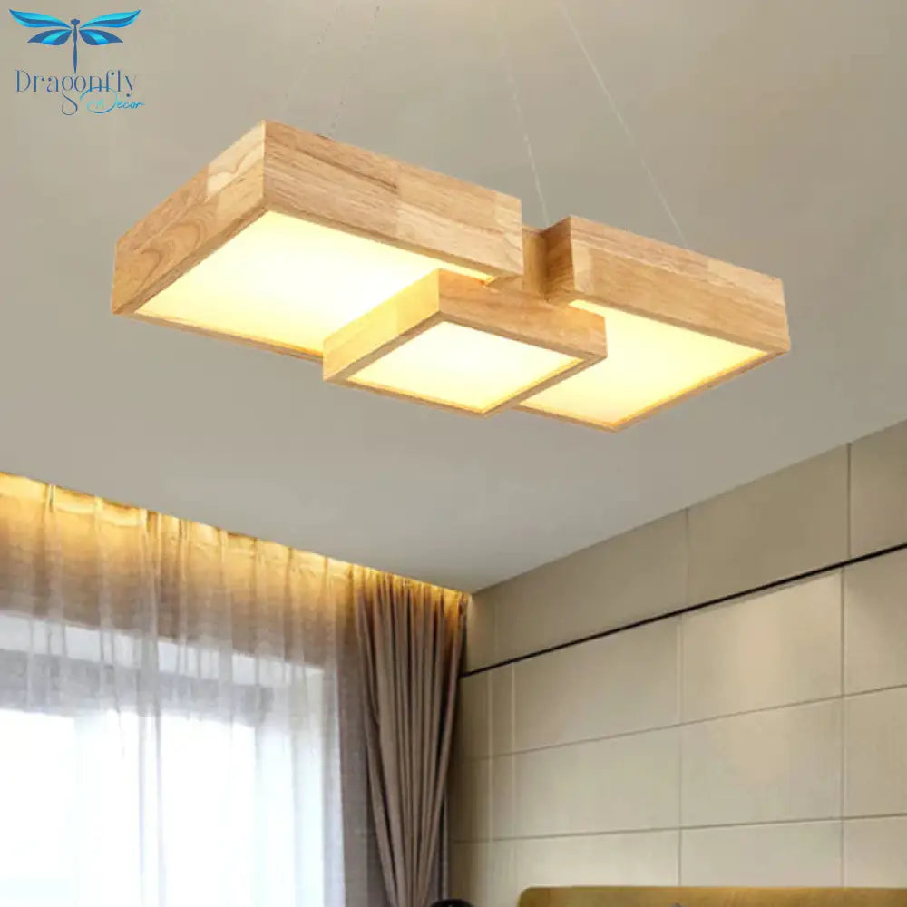 Modern Rhombus/Square Led Chandelier Pendant Wooden 3 - Light Bedroom Ceiling Lamp In Warm/White