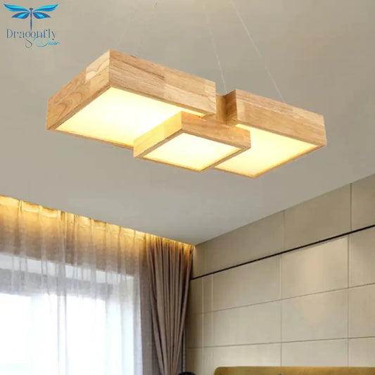 Modern Rhombus/Square Led Chandelier Pendant Wooden 3 - Light Bedroom Ceiling Lamp In Warm/White