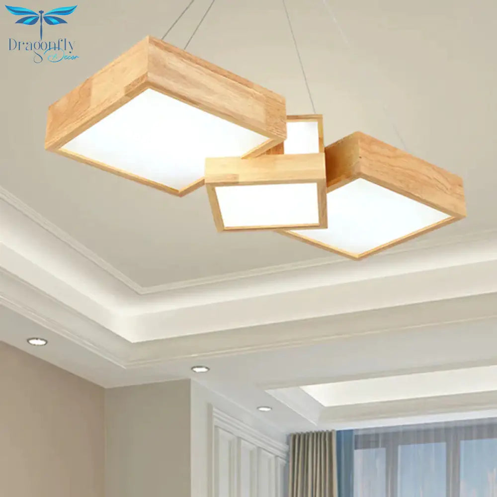 Modern Rhombus/Square Led Chandelier Pendant Wooden 3 - Light Bedroom Ceiling Lamp In Warm/White