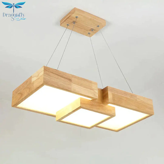 Modern Rhombus/Square Led Chandelier Pendant Wooden 3 - Light Bedroom Ceiling Lamp In Warm/White
