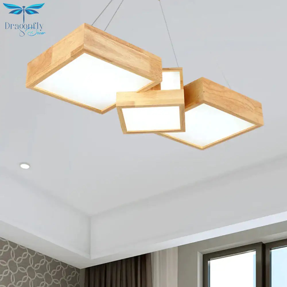 Modern Rhombus/Square Led Chandelier Pendant Wooden 3 - Light Bedroom Ceiling Lamp In Warm/White