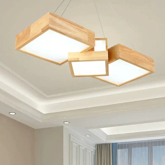 Modern Rhombus/Square Led Chandelier Pendant Wooden 3 - Light Bedroom Ceiling Lamp In Warm/White