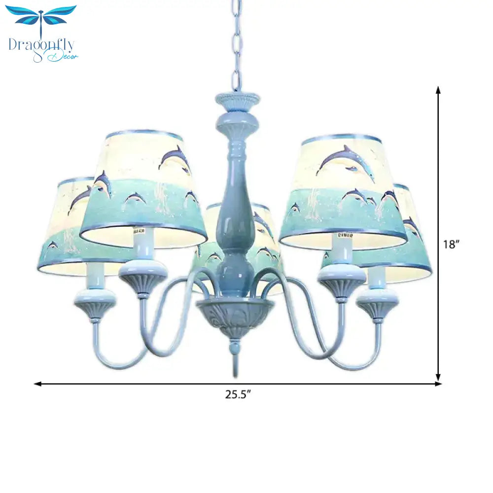 Modern Style Tapered Shade Chandelier With Dolphin 5 Lights Metal Hanging Light In Blue For Child