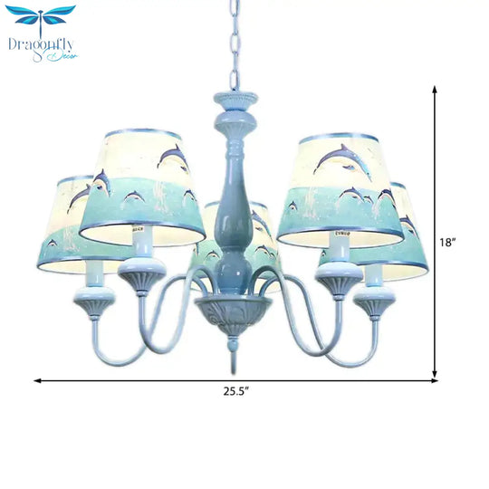 Modern Style Tapered Shade Chandelier With Dolphin 5 Lights Metal Hanging Light In Blue For Child