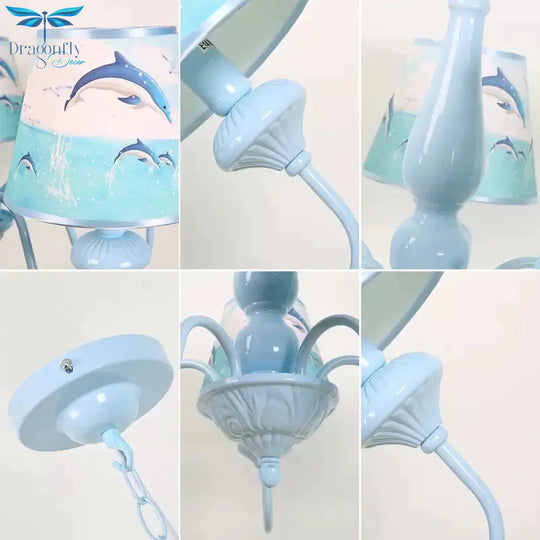 Modern Style Tapered Shade Chandelier With Dolphin 5 Lights Metal Hanging Light In Blue For Child