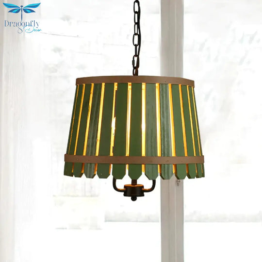Modern Wooden Wide Slatted 3 Lights Chandelier Blue/Green/Wood Hanging Pendant For Dining Room
