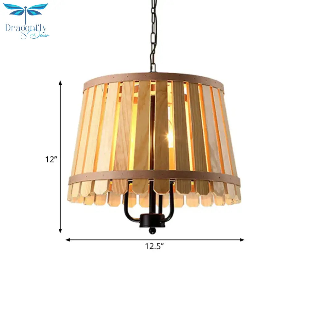 Modern Wooden Wide Slatted 3 Lights Chandelier Blue/Green/Wood Hanging Pendant For Dining Room