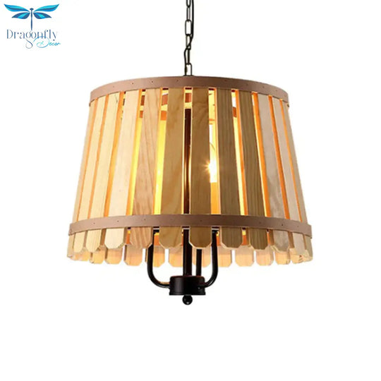 Modern Wooden Wide Slatted 3 Lights Chandelier Blue/Green/Wood Hanging Pendant For Dining Room
