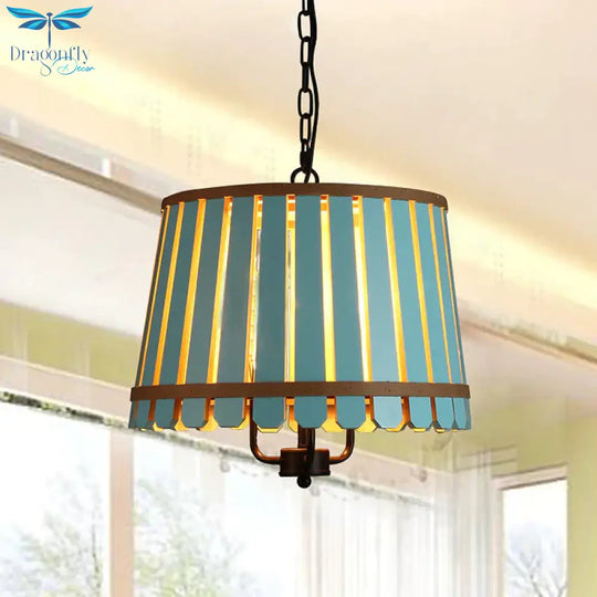 Modern Wooden Wide Slatted 3 Lights Chandelier Blue/Green/Wood Hanging Pendant For Dining Room
