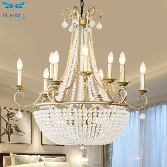 Modernism Candle Ceiling Chandelier Crystal 9 Heads Hanging Light Fixture In Brass For Bedroom