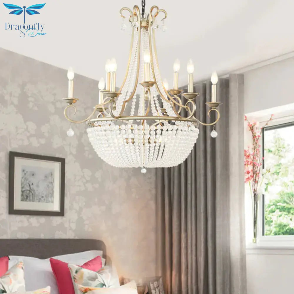 Modernism Candle Ceiling Chandelier Crystal 9 Heads Hanging Light Fixture In Brass For Bedroom
