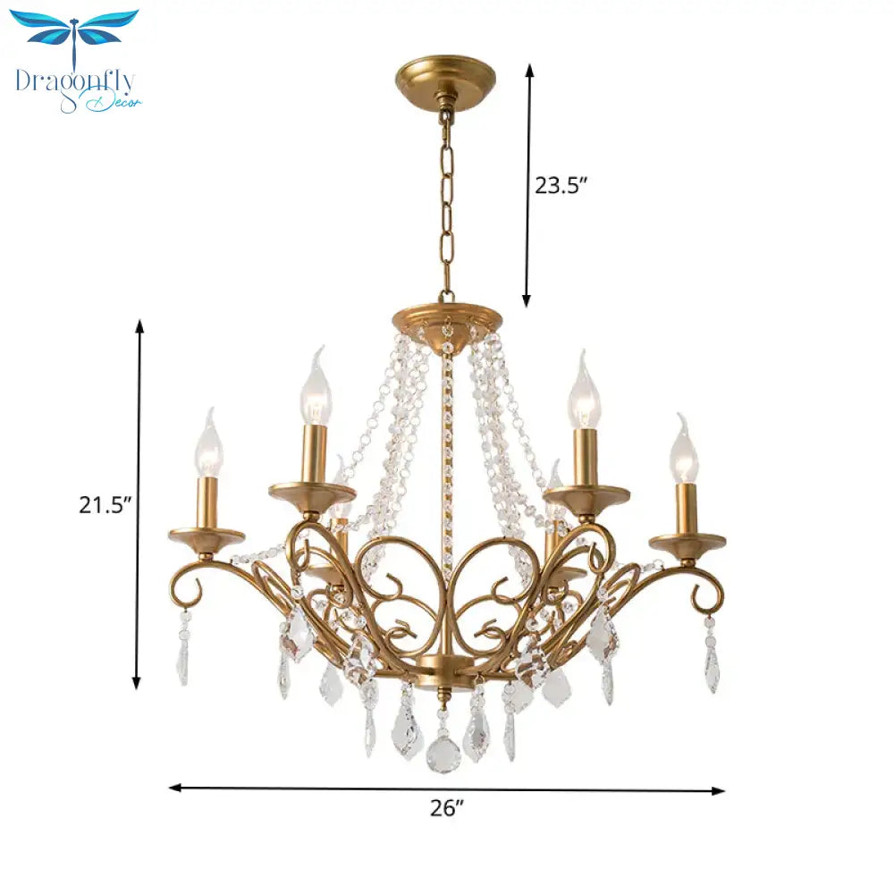 Modernism Sputnik Chandelier Metal 6 Heads Hanging Light Fixture In Gold With Crystal Drop