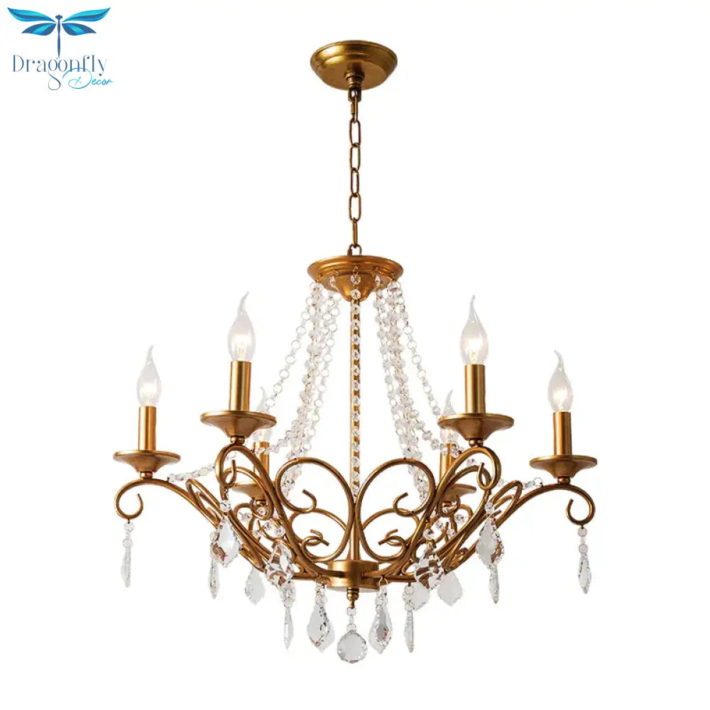 Modernism Sputnik Chandelier Metal 6 Heads Hanging Light Fixture In Gold With Crystal Drop