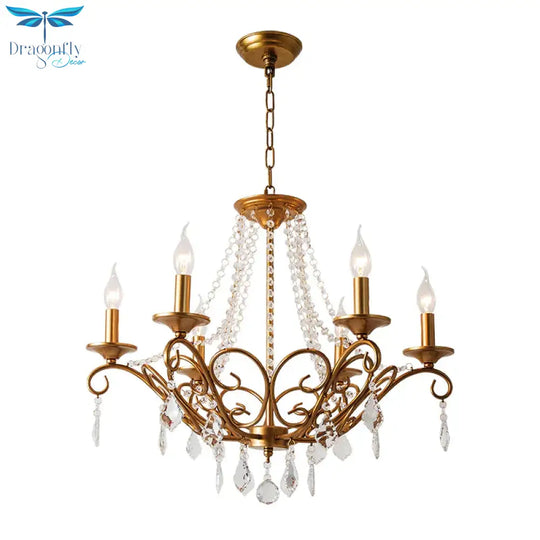 Modernism Sputnik Chandelier Metal 6 Heads Hanging Light Fixture In Gold With Crystal Drop